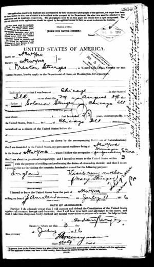Preston Sturges, passport application, page 1