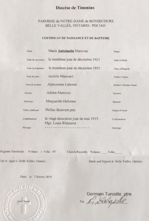 Baptismal certificate for Antoinette Marcoux