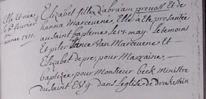 Elisabeth (Prévost) Oberholster Baptismal record February 6, 1711
