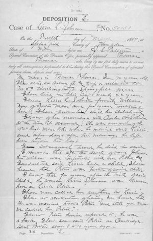 Military Pension Files for Lizzie L. (Williams) Johnson, widow of Charles H. Johnson, 54th Massachusetts Volunteer Infantry, Co. F. 86 of 125. Special Examiner's Report: Deposition E p. 20 (1 of 2)
