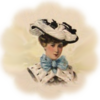Woman in black and white hat, wearing a blue neck-bow.