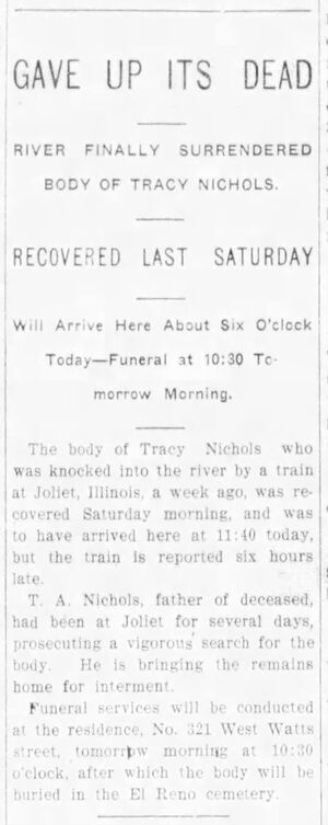 Tracy Nichols remains brought home for burial - 30 May 1904 - El Reno, Oklahoma