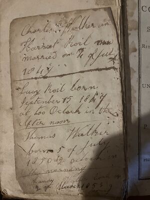 Family Bible - birthdate of Lucy Roil, Thomas Walker, and Fanny Walker as well as marriage of Harriett and Charles