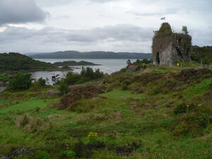 Tarbert Castle, over Tarbert, in Argyll and Bute, Scotland. Tarbert Castle was associated with the MacAlisters of Tarbert.