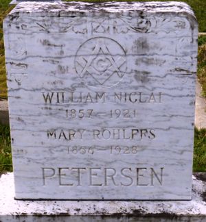 Gravestone for William Niclai Petersen and Mary (Rohlffs) Petersen.