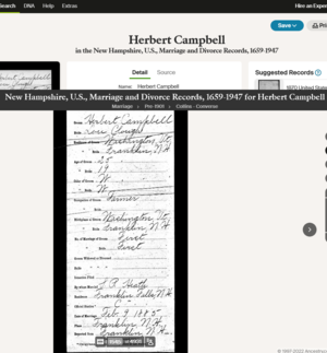 Herbert Campbel marriage 1885 in N. H.