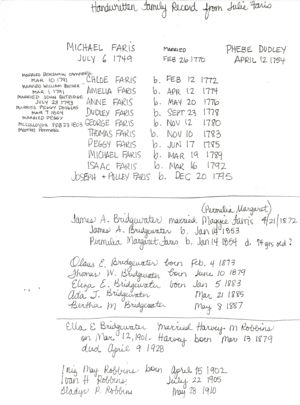 Handwritten Family Register by Thomas son of Michael Faris