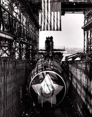 The Francis Scott Key (SSBN-657) starts her slide into the sea after launching on 23 April 1966