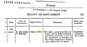 Crime in the County of Roscommon in 1845 (2) : Francis Dufficy