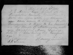 Consent of Harvey Smith for the marriage of Mary Louisa Smith to Benjamin F. Riggs