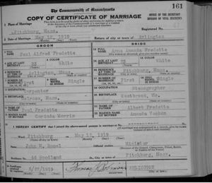 Marriage Record 1919 - Anna Amanda Fredette & Paul Albert Fredette