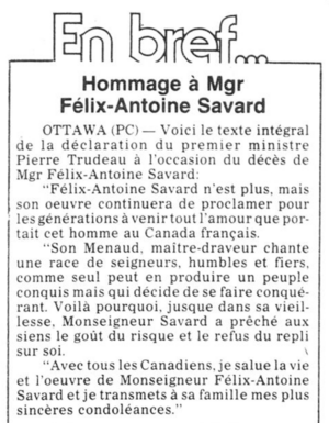 Hommage à Mgr Félix-Antoine Savard - Le quotidien, 26 août 1982