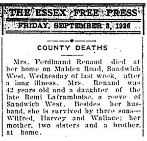 Alice Elmire Laframboise Renaud - Obituary - The Essex Free Press, Friday 3 Sept 1926, pg 3