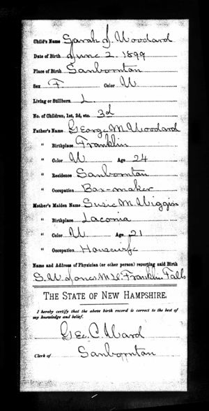 Sarah Jane Woodard Birth Record
