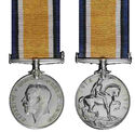 The medal is a silver or bronze disk, 36 millimetres (1.4 inches) in diameter, with a straight clasp suspender without swivel.   The obverse shows a bareheaded effigy of King George V facing left, with the legend "GEORGIVS V BRITT: OMN: REX ET IND: IMP:" (George V, King of all the British Isles and Emperor of India); and the reverse shows Saint George naked on horseback and armed with a short sword.  The horse tramples on the Prussian eagle shield and the emblems of death, a skull-and-crossbones.  In the background are ocean waves, and just off-centre – near the right upper rim – is the risen sun of Victory.  The years "1914" and "1918" appear on the perimeter in the left and right fields respectively.  The medal is pendant upon a watered silk ribbon 32 millimetres (1.25 in) wide – showing a 3 millimetres wide royal blue band, a 2 millimetres wide black band and a 3 millimetres wide white band, repeated in reverse order and separated by a 16 millimetres wide orange band.