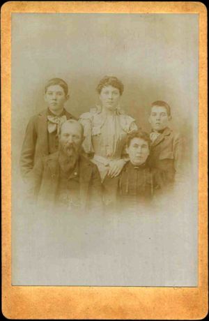 Edward Benjamin Mulholland, wife Virginia, l-r back row; Edward T. Mulholland, Vergie Mulholland, and Russell Robert Mulholland
