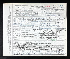 Microfilmed death certificate of Samuel J. Hendershot, #77362 (1950).