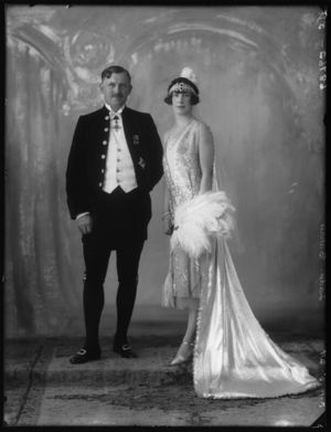 Baron Abertay and Lady Barrie, dressed for presentation at court, Glass negative by Bassano Ltd