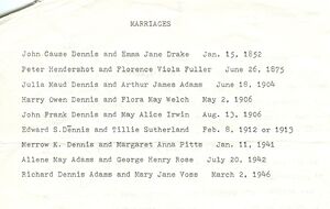 Dennis marriage records copied from info sent to Merrow Dennis from Maud Adams.