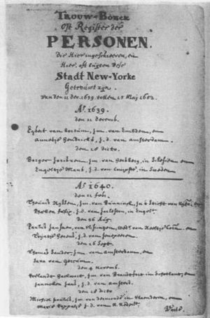 First page of Trouw-Boeck of New Amsterdam Reformed Dutch Church Trouw-Boeck, showing intentions of Michiel Paulusz and Maria Rapalje