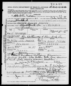 1899 - Andrew William Hansen - Iowa Delayed Birth Certificate