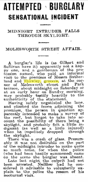 An Attempted Burglary - William Thawley & Edward Sutherland Grocery Store, Thorndon, Wellington 1921