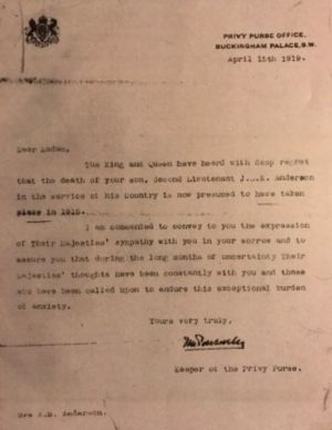 Sympathy letter from Buckingham Palace acknowleging the death of John Lawrence Anderson in Germany – April 15 1919, Buckingham Palace, UK
