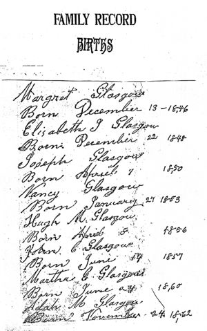 Births list from John Cameron Glasgow's family Bible