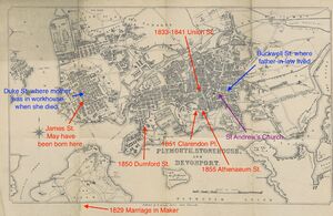 Map showing places in Plymouth relevant to William Henry Pavey