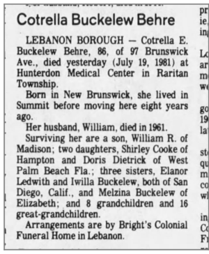 Cotrella Buckelew Behre Obituary