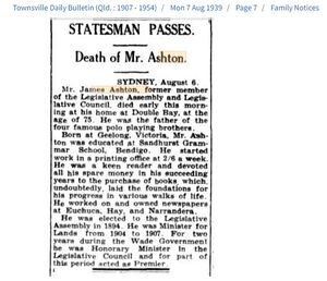 James Ashton (1864 - 1939) : Statesman Passes