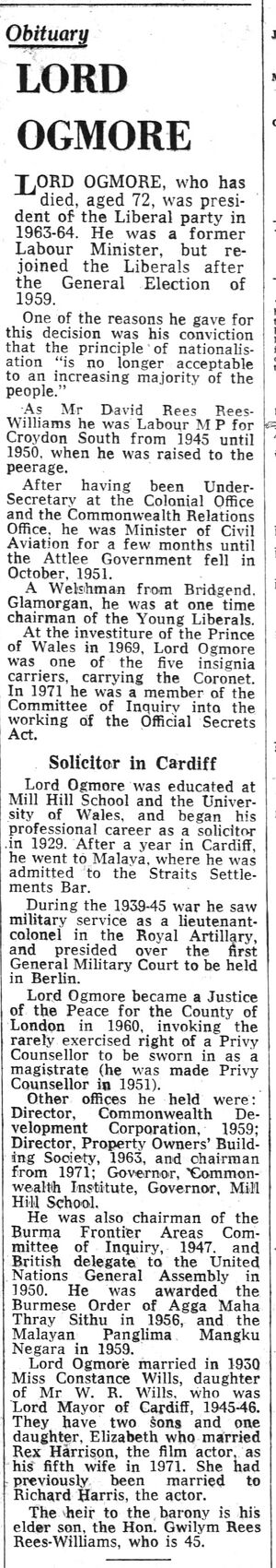 Obituary David Rees Rees-Williams, Lord Ogmore (age 72) · London, England · 1 September 1976