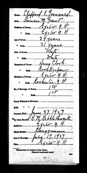 Clifford Ernest Grunwald & Frances Grant Marriage Certificate