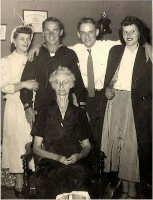 Hazel, Chuck, Jarrell, Violet, with grandmother Nancy Jane Burke Jarrell Parsley 1953