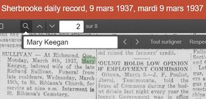 1937 Mar 8 -- Buried 10 Mar 1937 - Mary Keegan at 81 - Sainte-Bibiane, Richmond, Québec