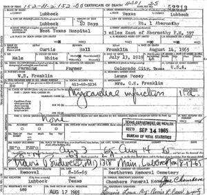 Curtis Hall Franklin death certificate