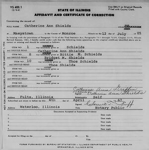 Amended birth certificate for Catherine Ann Shields