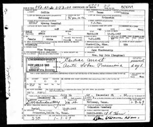 Annie Lee Turner Thompson McCollum Death Certificate