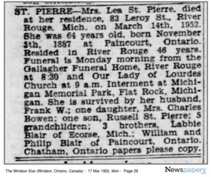 Léa Blais St. Pierre - Obituary - The Windsor Star (Windsor, Essex, Ontario, Canada) · 17 Mar 1952, Mon · Page 29