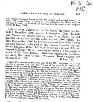 Maryland Gleanings in England, Will of Christopher Vernon