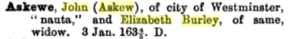 London Marriage License of John Askew and Elizabeth Burley