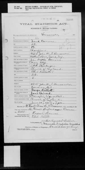 Frank and Ethel Bourne's Marriage Ceritificate