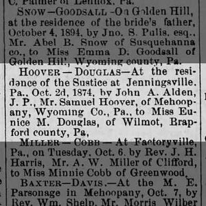 Samuel Hoover and Eunice M. Douglas married