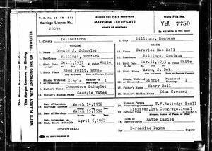 Marriage Certificate for Donald James Schuyler and Careylee Mae Roll