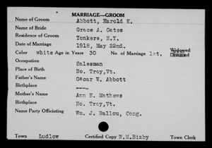Wedding Record: Harold Abbott and Grace Gates