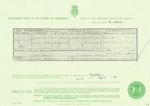 Marriage record for Walter Hunt and Caroline Milham