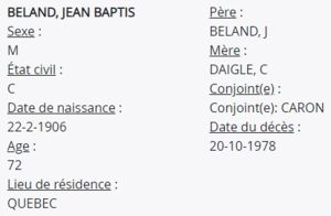 Death of Jean Baptiste Béland