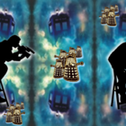 Whovian TARDIS mirror collage background with Cameraman on stool and Daleks.