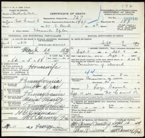 Hannah Derr Epler Death Certificate