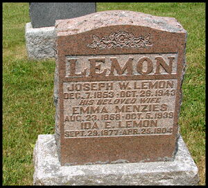 Headstone: Joseph W Lemon, Emma Menzies, Ida E Lemon